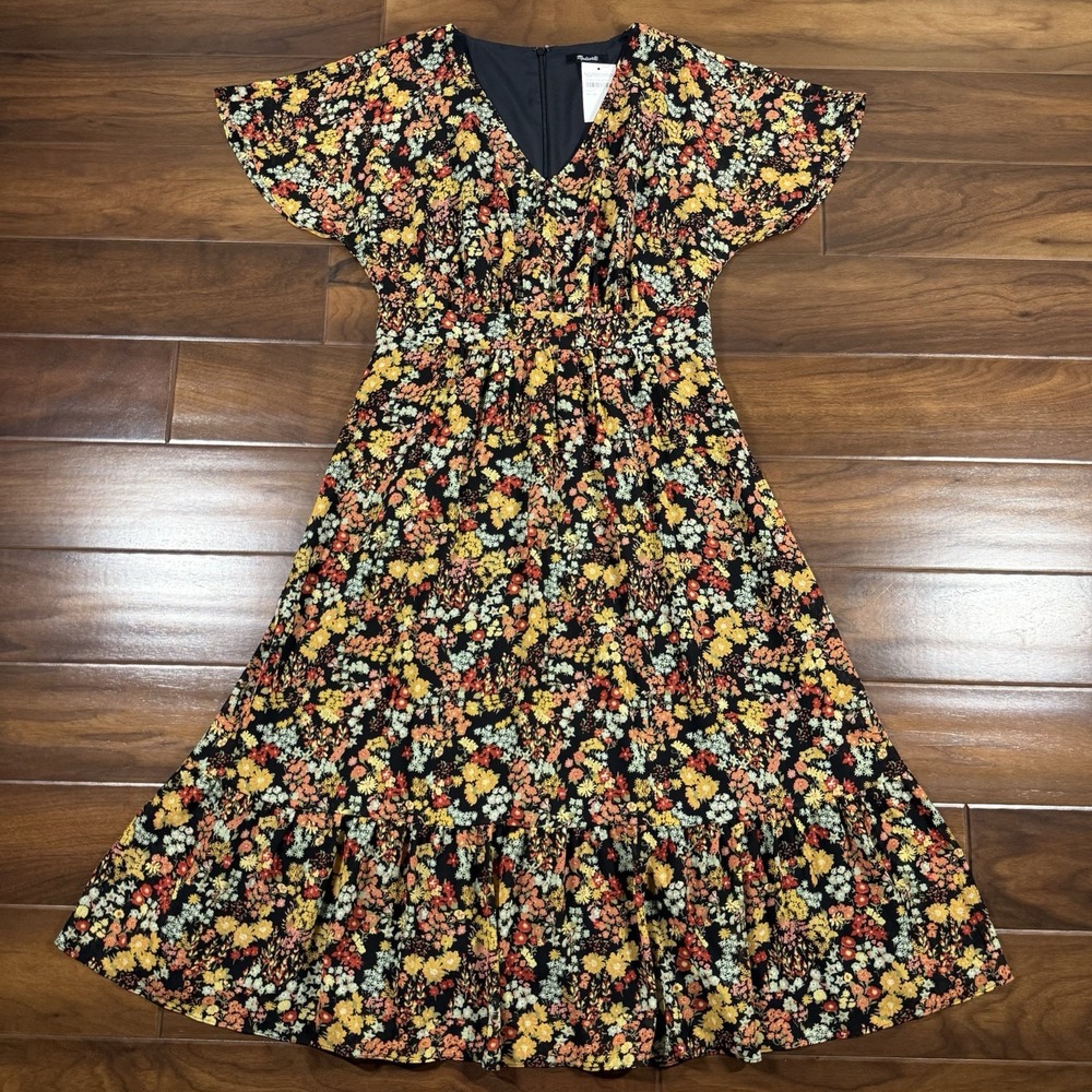 Madewell Women's Size 8 Flower Garden Dolman Sleeve Ruffle Hem Midi Dress